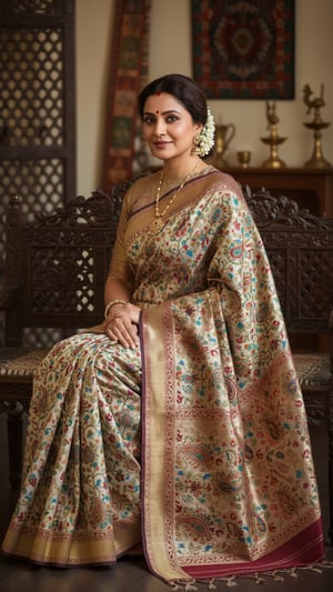 Kashmiri Silk Saree on Carved Wooden Bench Portrait template preview