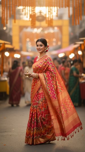 Adult person wearing Leheriya saree during Teej festival walk template preview