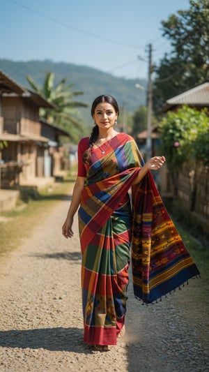 Adult person in Puan Saree walking village road template preview