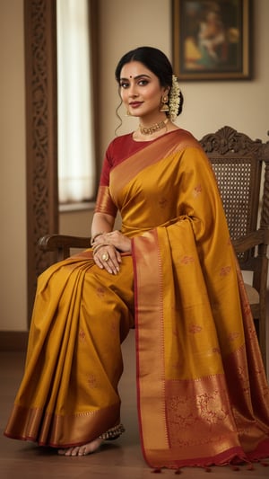 Raw Silk Saree Elegance on Wooden Chair template preview