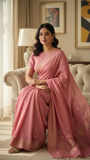 Woman Seated on Sofa in Elegant Crepe Saree template preview