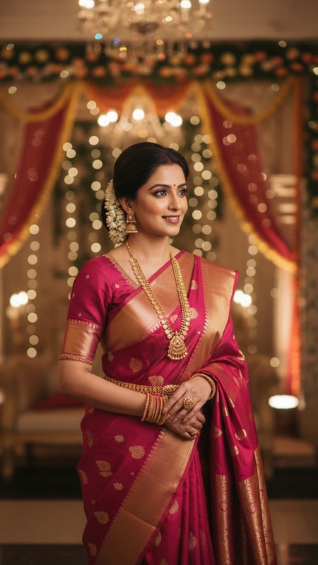 View Arani Silk Saree Adorned for an Indian Family Wedding Function full size Arani Silk Saree Adorned for an Indian Family Wedding Function template preview