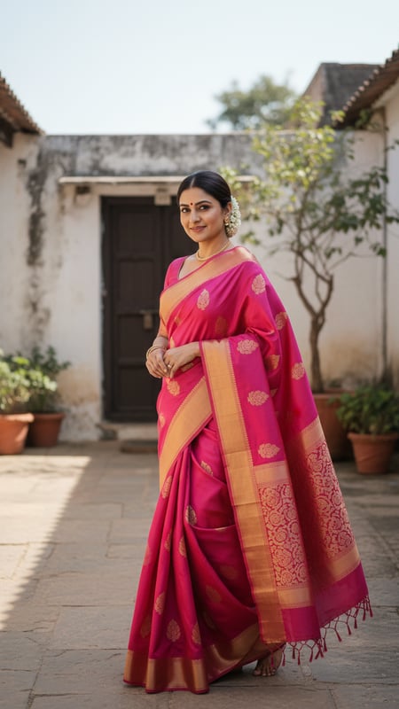 View Bright Arani Silk Saree in Village Courtyard full size Bright Arani Silk Saree in Village Courtyard template preview