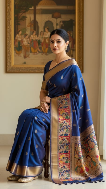 View Baluchari Saree Displayed Near Antique Painting full size Baluchari Saree Displayed Near Antique Painting template preview