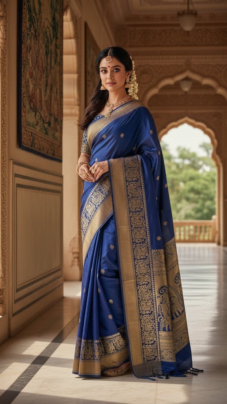 View Baluchari Silk Saree in Palace Hallway Portrait full size Baluchari Silk Saree in Palace Hallway Portrait template preview