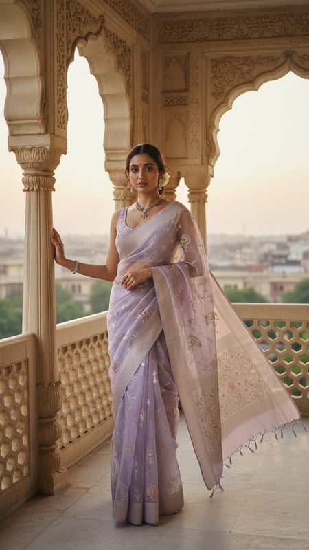 View Banarasi Organza Saree on Mughal Balcony full size Banarasi Organza Saree on Mughal Balcony template preview