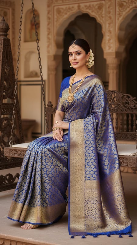 View Royal Blue Banarasi Silk Saree on Haveli Swing full size Royal Blue Banarasi Silk Saree on Haveli Swing template preview