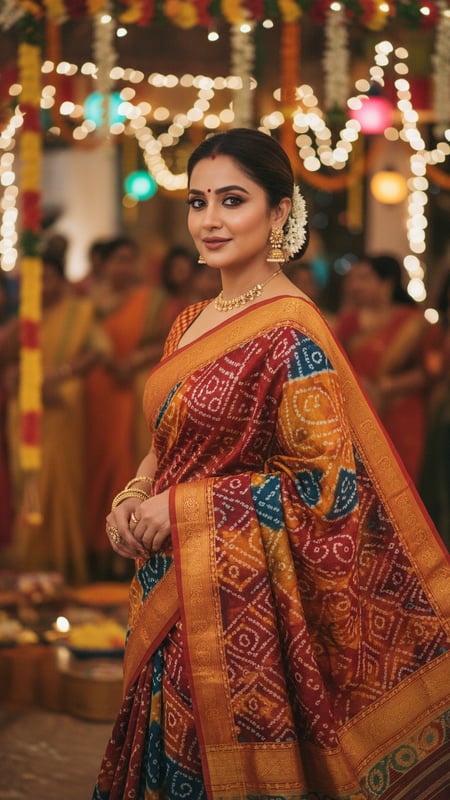 View Bandhani Saree at Festive Celebration with Dupatta Pallu full size Bandhani Saree at Festive Celebration with Dupatta Pallu template preview