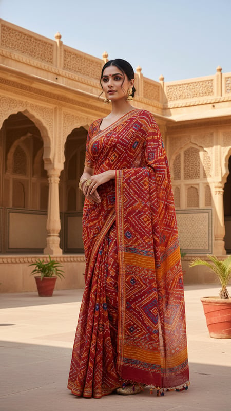 View Bandhani Saree in Rajasthani Desert Courtyard full size Bandhani Saree in Rajasthani Desert Courtyard template preview