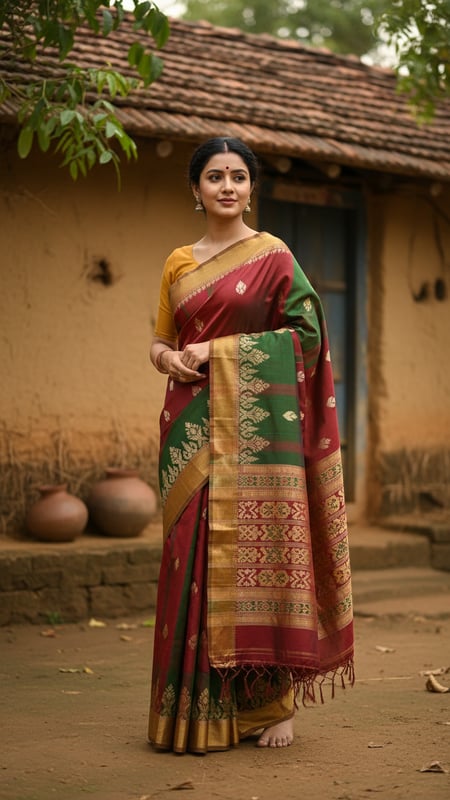 View Bomkai Saree Near Mud Wall House full size Bomkai Saree Near Mud Wall House template preview