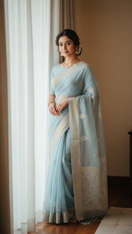 View Chanderi Saree Indoors with Sheer Curtains full size Chanderi Saree Indoors with Sheer Curtains template preview
