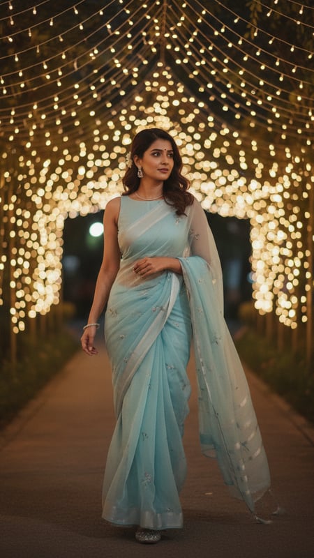 View Chiffon Saree Glow: Walking Under String Lights full size Chiffon Saree Glow: Walking Under String Lights template preview