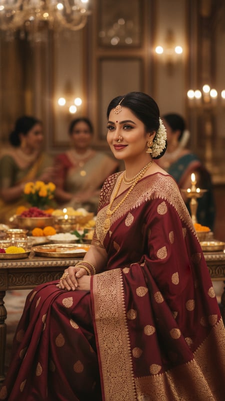 View Elegant Zari Saree at Festive Indian Dinner full size Elegant Zari Saree at Festive Indian Dinner template preview
