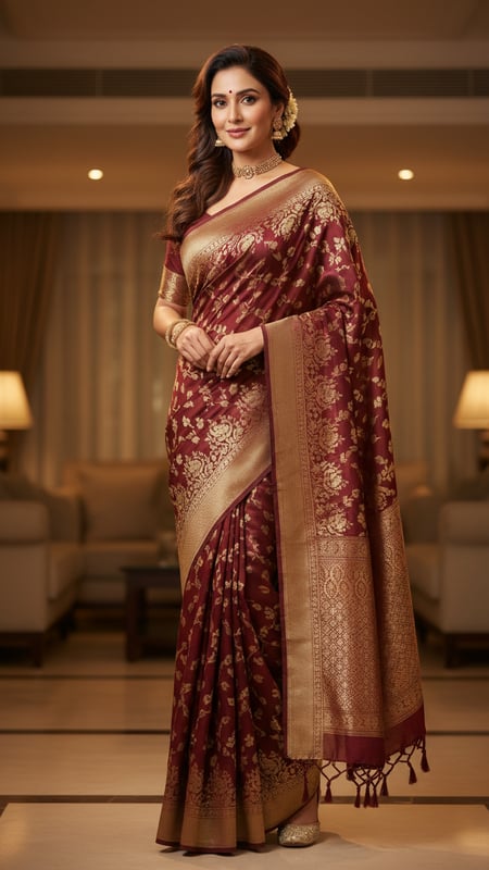 View Elegant Zari Saree in Warm Indoor Light full size Elegant Zari Saree in Warm Indoor Light template preview