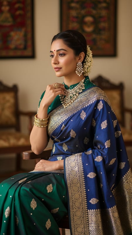 View Seated Person Adjusting Jewelry in Embroidered Saree full size Seated Person Adjusting Jewelry in Embroidered Saree template preview