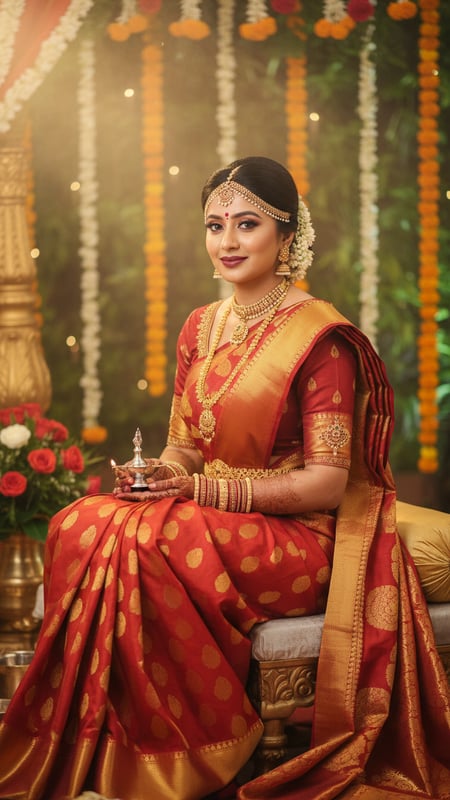 View Red Gold Kanjeevaram Saree Bride Seated Wedding Ritual full size Red Gold Kanjeevaram Saree Bride Seated Wedding Ritual template preview