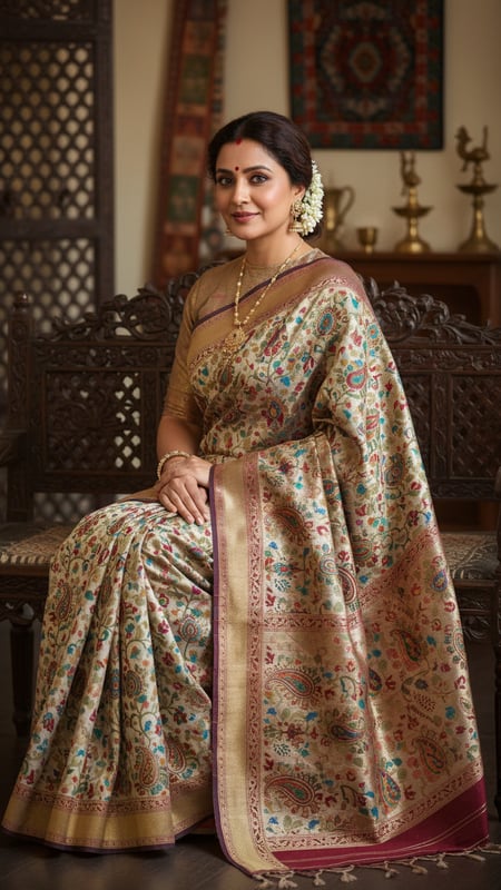 View Kashmiri Silk Saree on Carved Wooden Bench Portrait full size Kashmiri Silk Saree on Carved Wooden Bench Portrait template preview