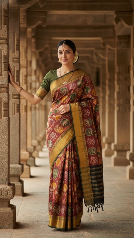 View Khandua Ikat Silk Saree in Odisha Temple Corridor full size Khandua Ikat Silk Saree in Odisha Temple Corridor template preview