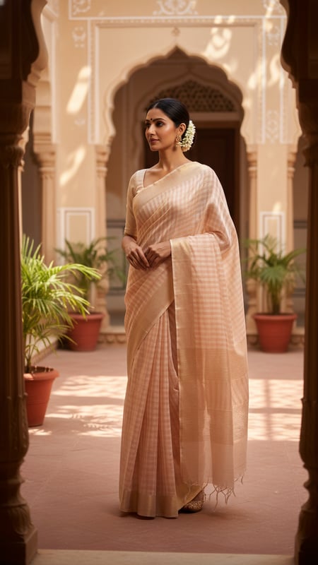 View Kota Doria Saree in Sunlit Courtyard full size Kota Doria Saree in Sunlit Courtyard template preview