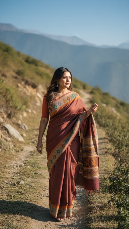 View Kullu Woolen Saree on Himachal Hillside Path full size Kullu Woolen Saree on Himachal Hillside Path template preview