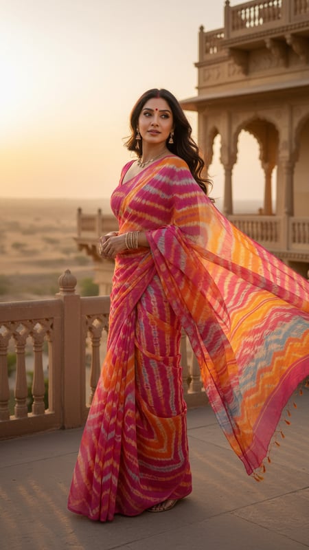 View Leheriya Saree on Palace Terrace with Flowing Fabric full size Leheriya Saree on Palace Terrace with Flowing Fabric template preview