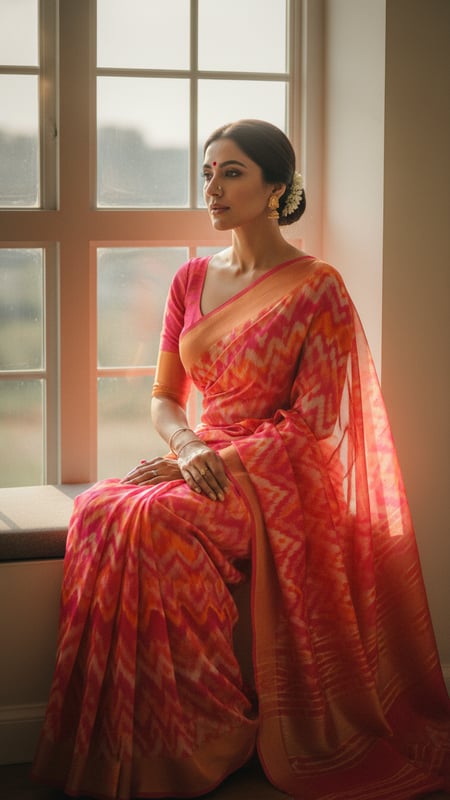 View Leheriya Saree by Window with Soft Sunlight full size Leheriya Saree by Window with Soft Sunlight template preview