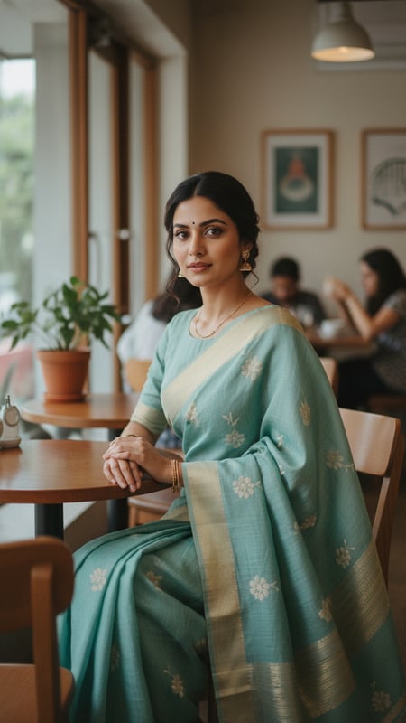 View Linen Saree in Chic Cafe Setting full size Linen Saree in Chic Cafe Setting template preview