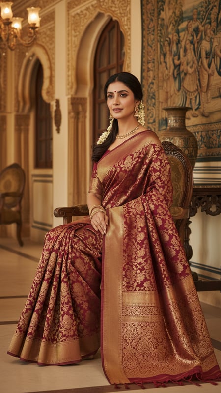 View Maroon Banarasi Shattir Saree in Palace full size Maroon Banarasi Shattir Saree in Palace template preview