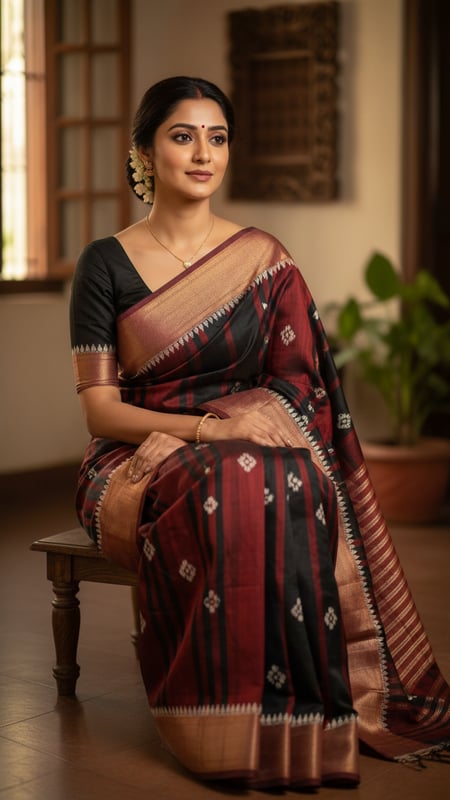 View Pasapalli Saree Indoor Seated Natural Pose full size Pasapalli Saree Indoor Seated Natural Pose template preview