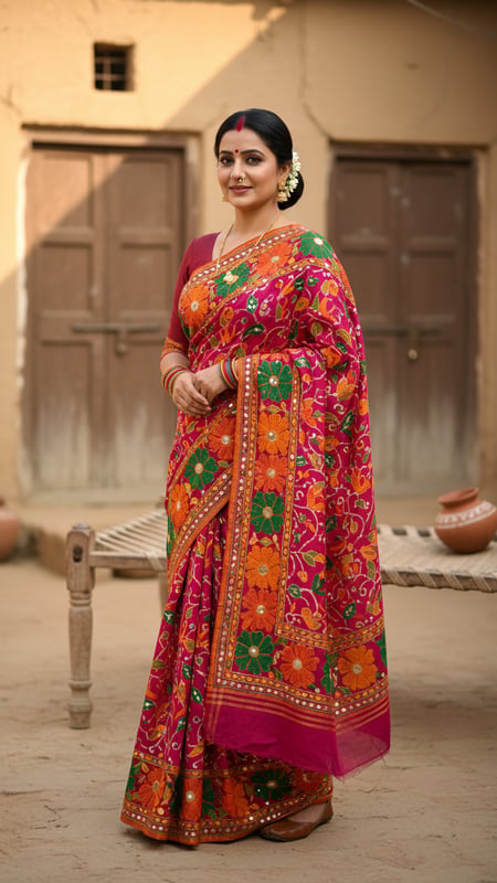 View Phulkari Saree in Punjabi Village Courtyard full size Phulkari Saree in Punjabi Village Courtyard template preview
