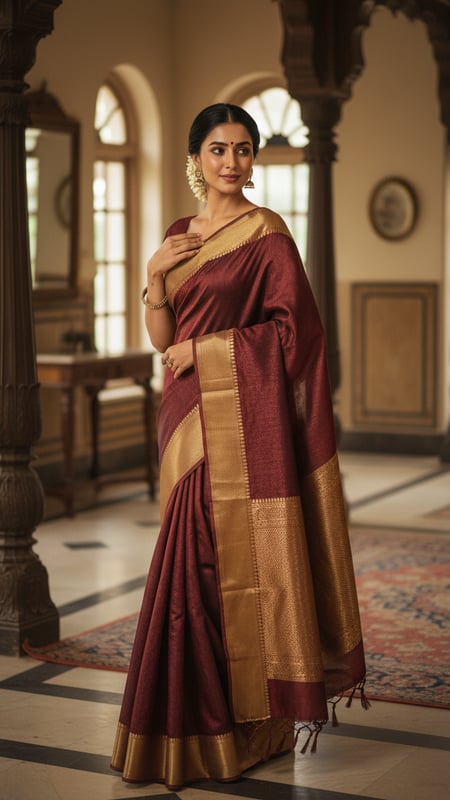 View Elegant Raw Silk Saree in Heritage Indian Home full size Elegant Raw Silk Saree in Heritage Indian Home template preview