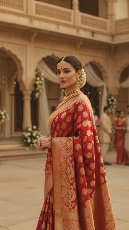 View Red Banarasi Silk Saree Palace Wedding Prompt full size Red Banarasi Silk Saree Palace Wedding Prompt template preview