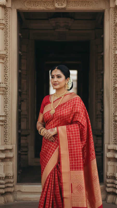 View Red Gharchola Saree at Temple Doorway full size Red Gharchola Saree at Temple Doorway template preview