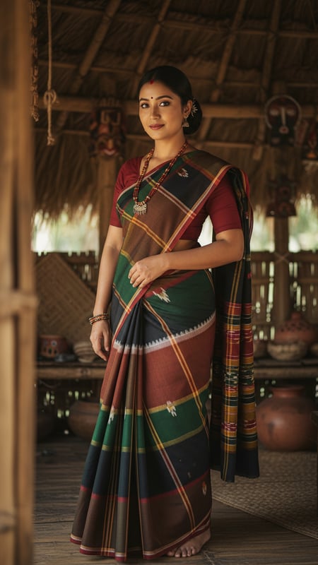 View Tripura Rignai Saree in Tribal Hut Setting full size Tripura Rignai Saree in Tribal Hut Setting template preview