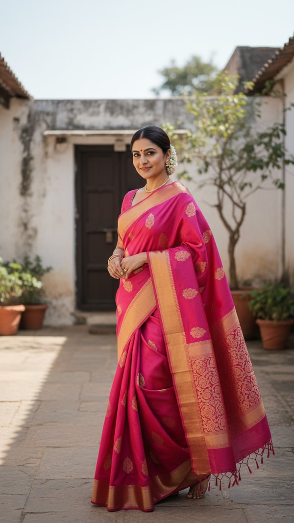 Bright Arani Silk Saree in Village Courtyard - AI transformation template example