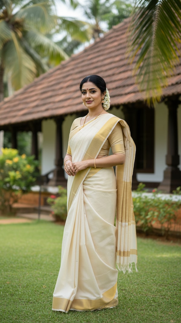 Balaramapuram Saree in Kerala Traditional House - AI transformation template example