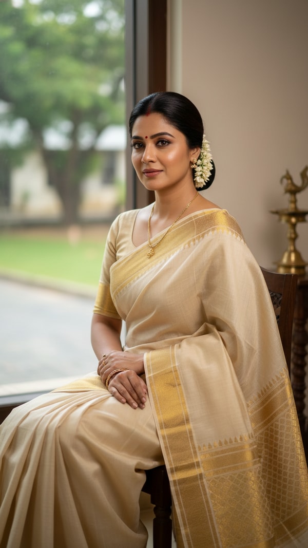 Balaramapuram Saree Elegance by Window - AI transformation template example