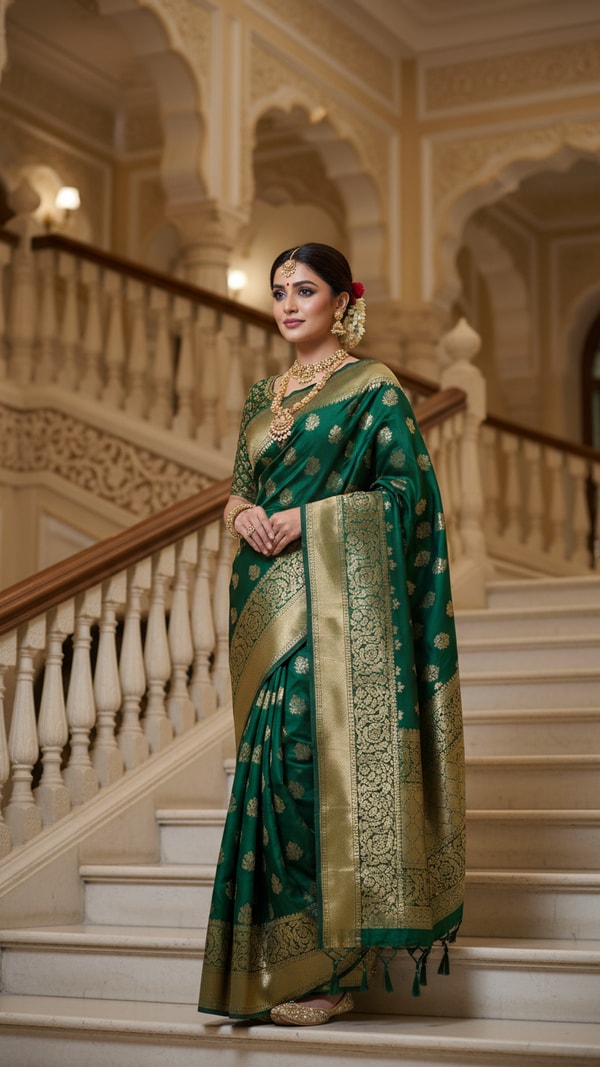 Banarasi Shattir Saree on Ornate Stairs - Bridal Mood - AI transformation template example