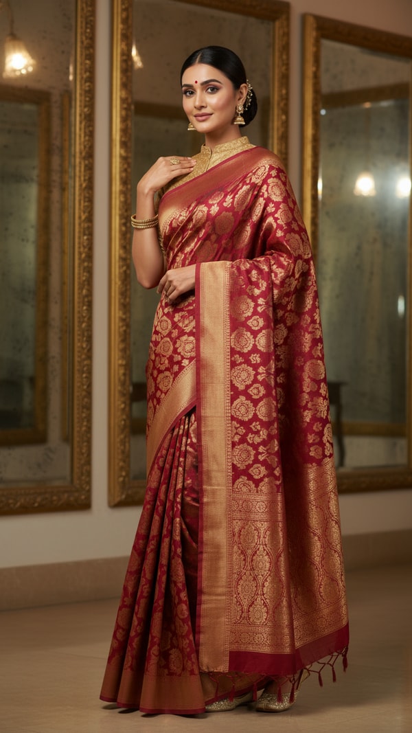 Banarasi Shattir Saree with Vintage Mirrors - AI transformation template example