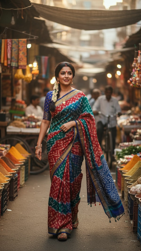 Bandhani Saree in Vibrant Indian Market - AI transformation template example