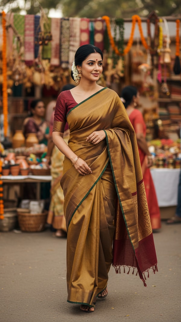 Adult person in Bhagalpuri Tussar Saree at Handicraft Fair - AI transformation template example