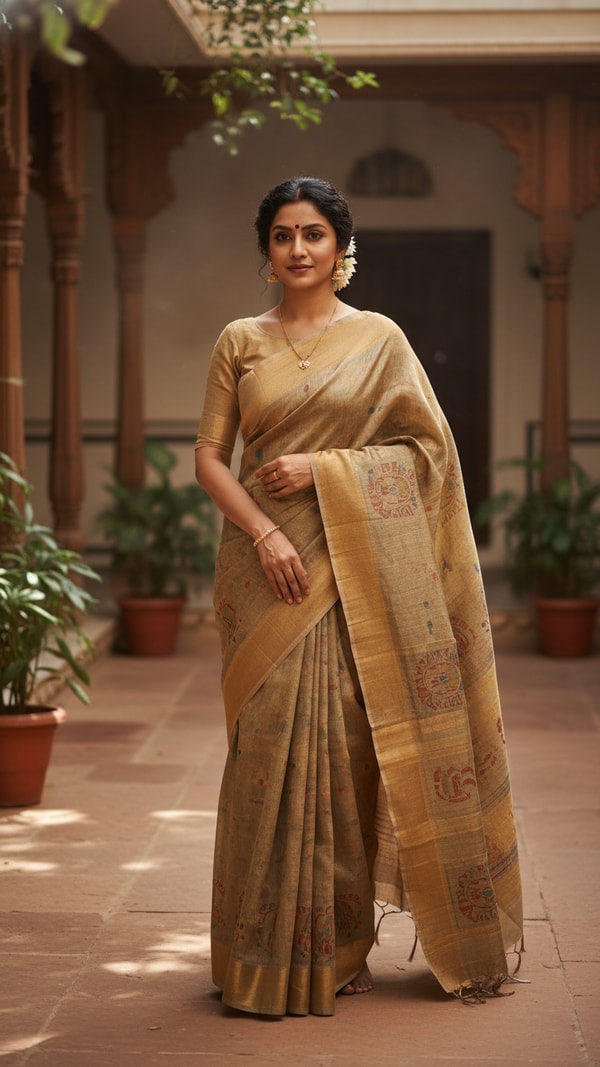 Bhagalpuri Tussar Saree in Sunlit Courtyard - AI transformation template example