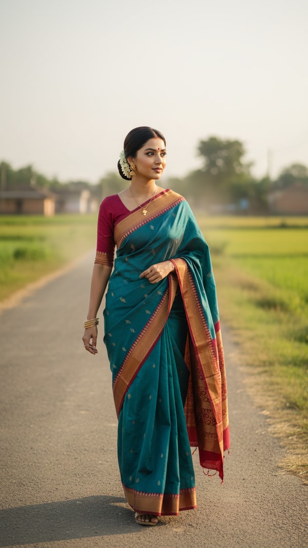 Bomkai Saree Graceful Walk on Rural Road - AI transformation template example