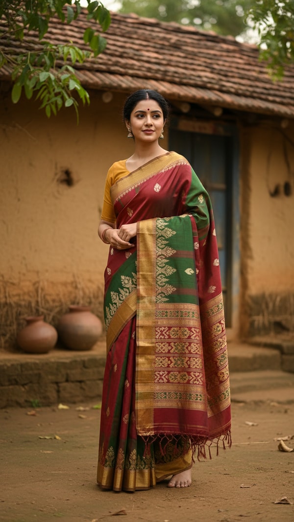 Bomkai Saree Near Mud Wall House - AI transformation template example