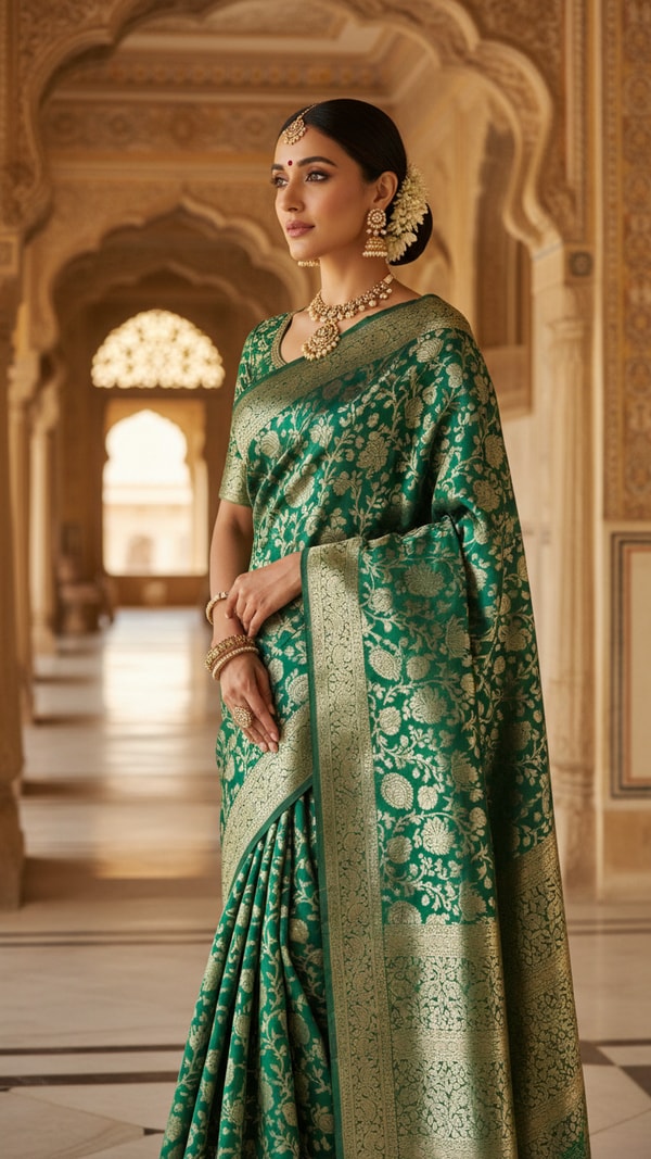 Brocade Saree in Royal Palace - AI transformation template example
