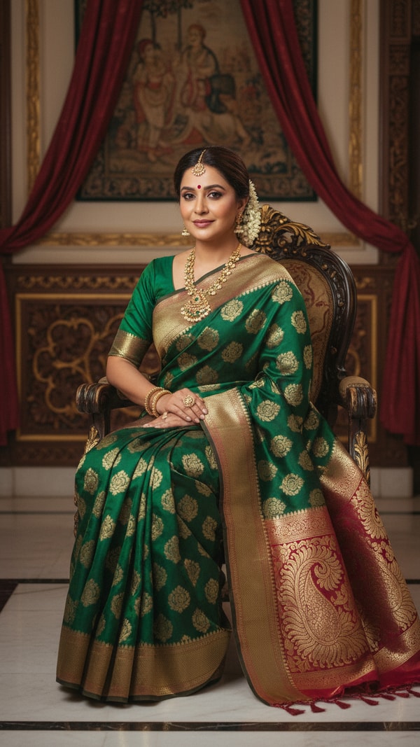 Brocade Saree Elegance on Ornate Chair - AI transformation template example