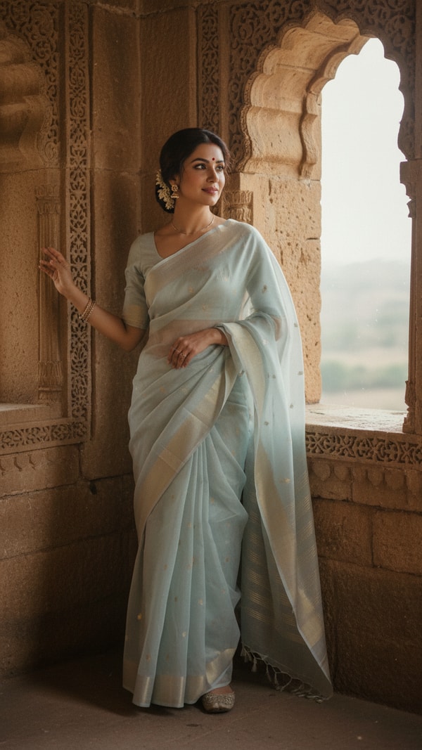 Chanderi Saree at Historic Fort Window - AI transformation template example