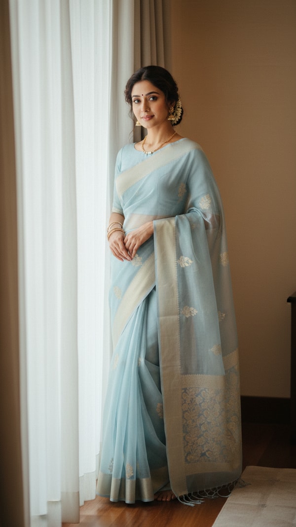 Chanderi Saree Indoors with Sheer Curtains - AI transformation template example