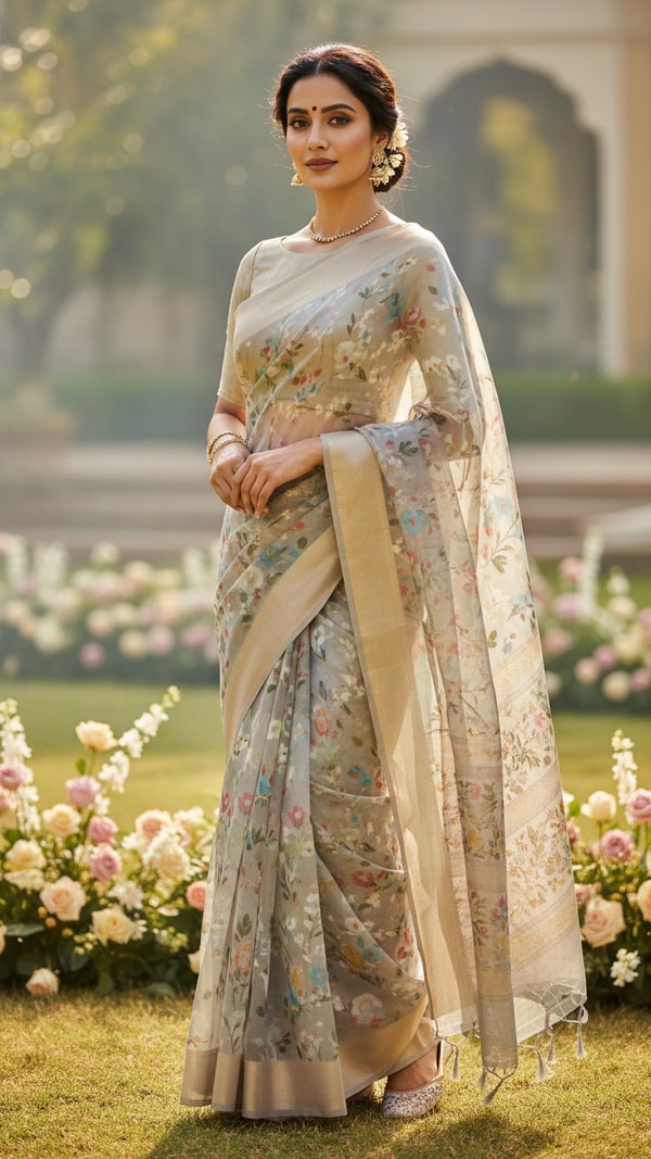 Chanderi Saree at Summer Daytime Event - AI transformation template example