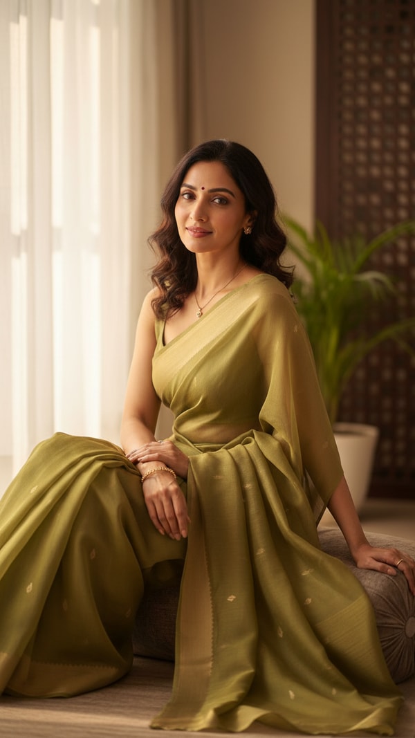 Chiffon Saree Indoors Relaxed Seated Pose - AI transformation template example